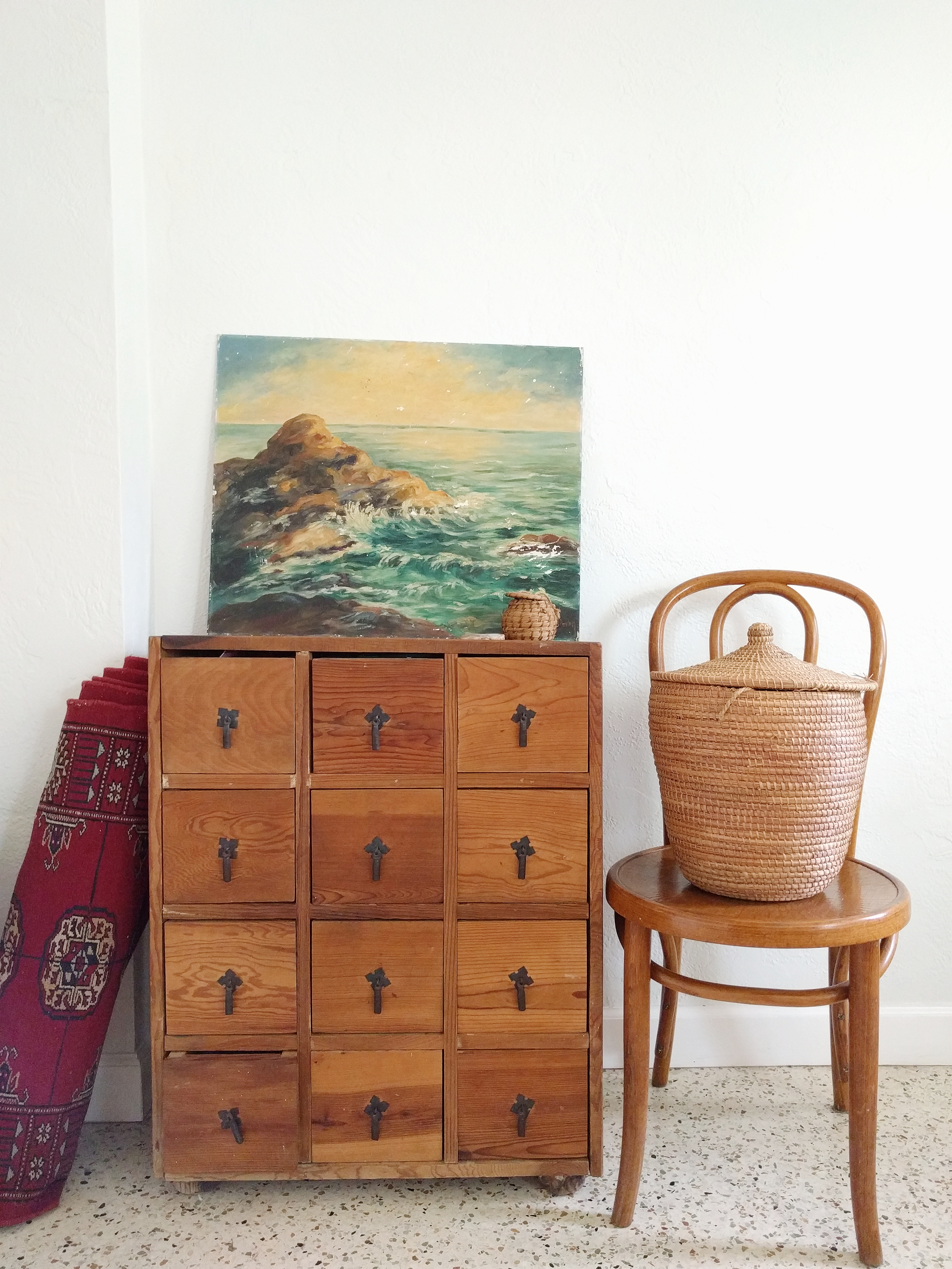 oil painting, persian rug, vintage basket